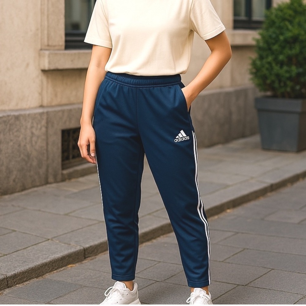 Adidas Navy Track Pants M Y2K Athleisure Sporty Zips Pockets 2 Stripe Retro